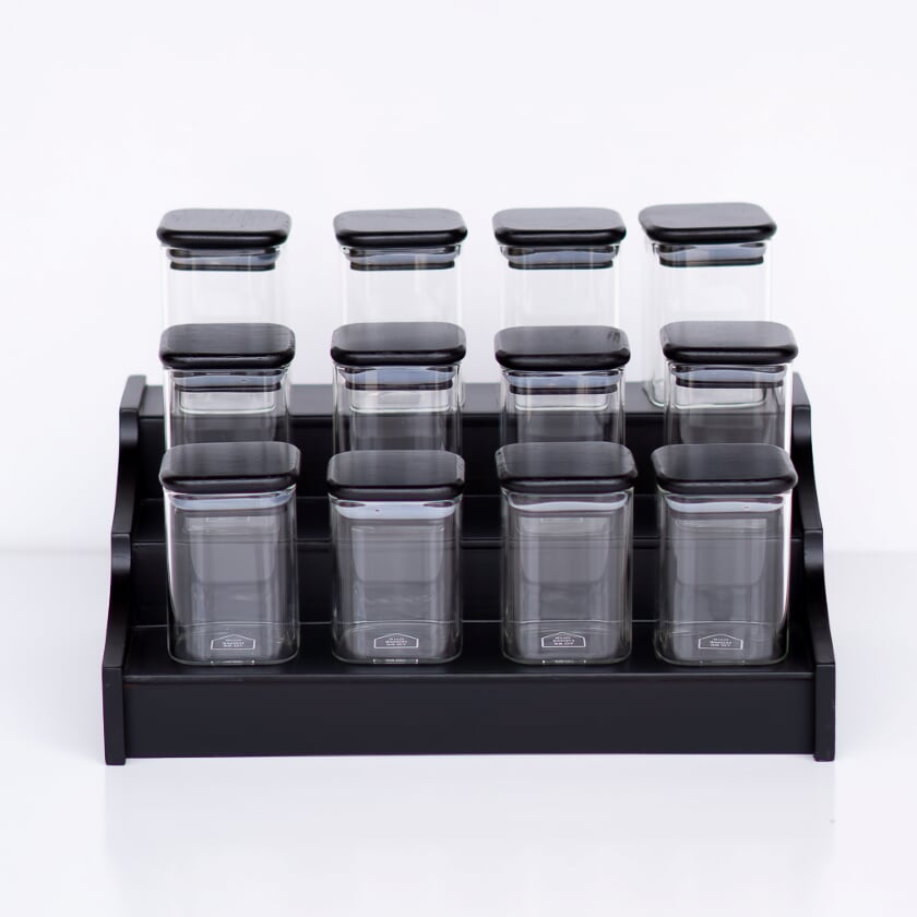 Square Glass Jar Spice Set Black